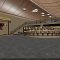Natural Rustic Large Restaurant Interior With Central Buffet Counter And Spacious Mezzanine Dining Area
