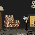 Colorful Patterned Accent Chair on Round Rug with Floor Lamp Side Table and Wall Art