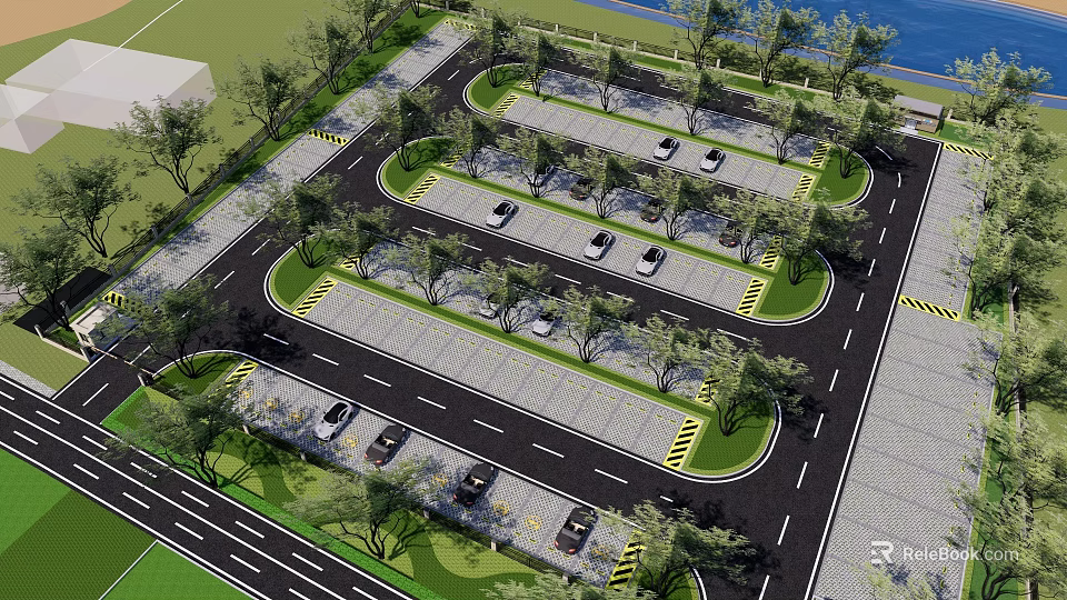 Park Landscape With Curved Parking Lot Lined Trees And Waterfront Greenery 3d model 