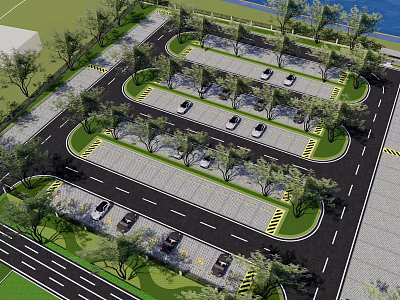 Park Landscape With Curved Parking Lot Lined Trees And Waterfront Greenery 3d model