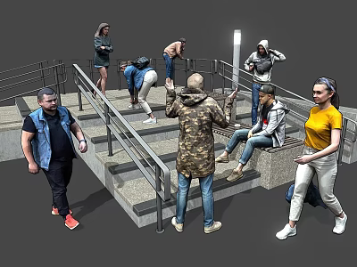 Group of People Interacting Near Outdoor Steps With Railings And Light Pole 3d model