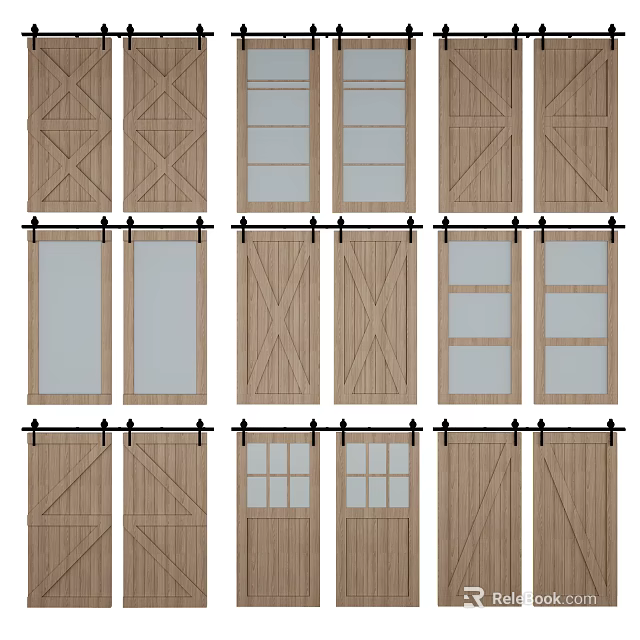 Various Sliding Barn Door Designs Including Wooden Cross And Glass Panel Styles 3d model 