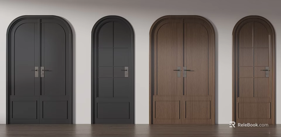 Modern Interior Swing Doors With Arched Top And Panel Design In Black And Wooden Finish 3d model 
