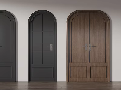 Modern Interior Swing Doors With Arched Top And Panel Design In Black And Wooden Finish 3d model