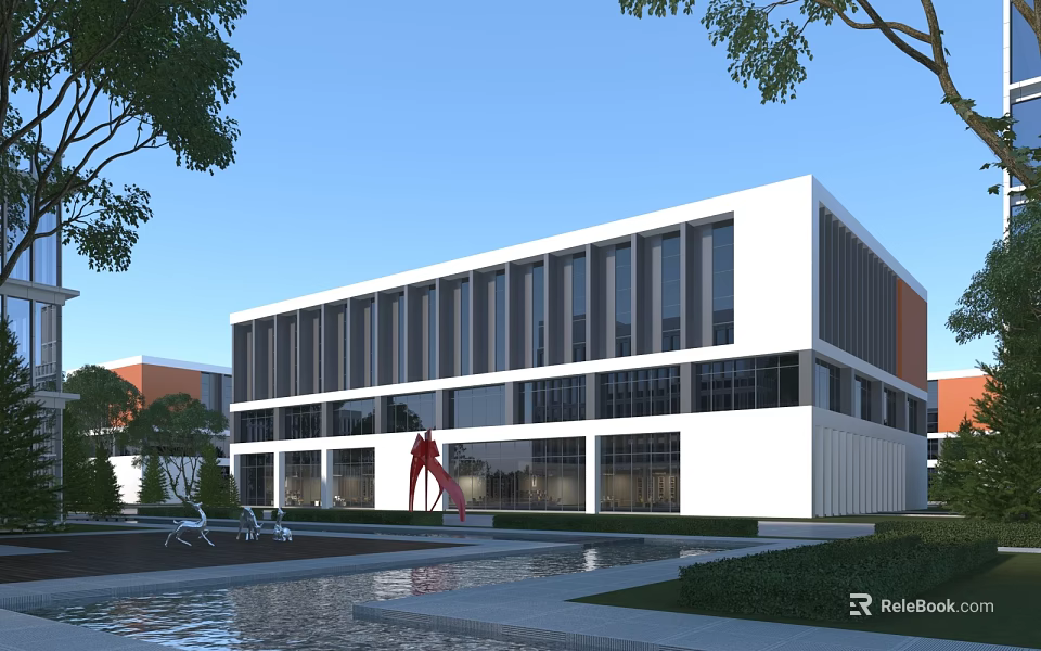 Modern White Office Building Featuring Large Glass Windows Red Sculpture Water Pool And Green Trees 3d model 
