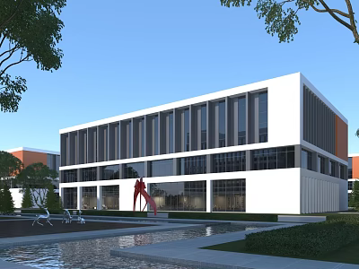 Modern White Office Building Featuring Large Glass Windows Red Sculpture Water Pool And Green Trees 3d model