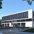 Modern White Office Building Featuring Large Glass Windows Red Sculpture Water Pool And Green Trees