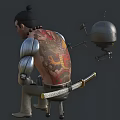 Game Movie Character With Metallic Prosthetic Arms Shirtless Torso Beaded Necklace Metal Helmet Samurai Sword Sitting
