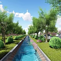 Serene Garden Landscape With Central Water Channel Neat Trees Trimmed Hedges And Railings