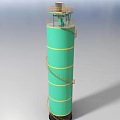 Green Cylindrical Tower Industrial Equipment With Yellow Stripes And Spiral Staircase