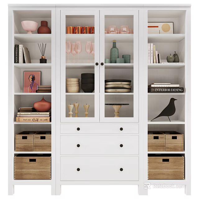 Modern White Sideboard With Glass Doors Storage Drawers Plates Glasses And Decor 3d model 