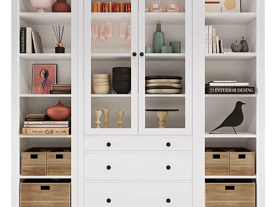 Modern White Sideboard With Glass Doors Storage Drawers Plates Glasses And Decor 3d model