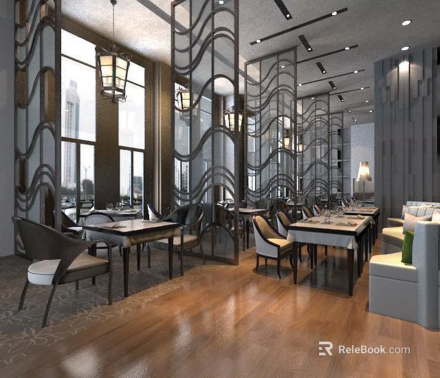 Modern Restaurant Interior With Wooden Floors Large Windows And Decorative Screens 3d model 