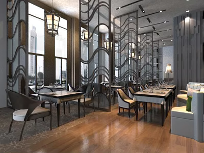 Modern Restaurant Interior With Wooden Floors Large Windows And Decorative Screens 3d model