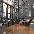 Modern Restaurant Interior With Wooden Floors Large Windows And Decorative Screens