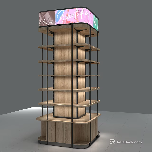 Multi Layer Retail Display Shelf With Wooden And Metal Frame Structure Design 3d model