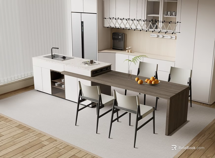 Open Concept Modern Kitchen Bar Counter With Stainless Steel Fridge White Cabinets And Dining Chairs 3d model 