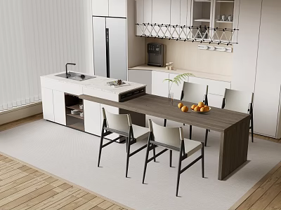 Open Concept Modern Kitchen Bar Counter With Stainless Steel Fridge White Cabinets And Dining Chairs 3d model