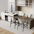 Open Concept Modern Kitchen Bar Counter With Stainless Steel Fridge White Cabinets And Dining Chairs