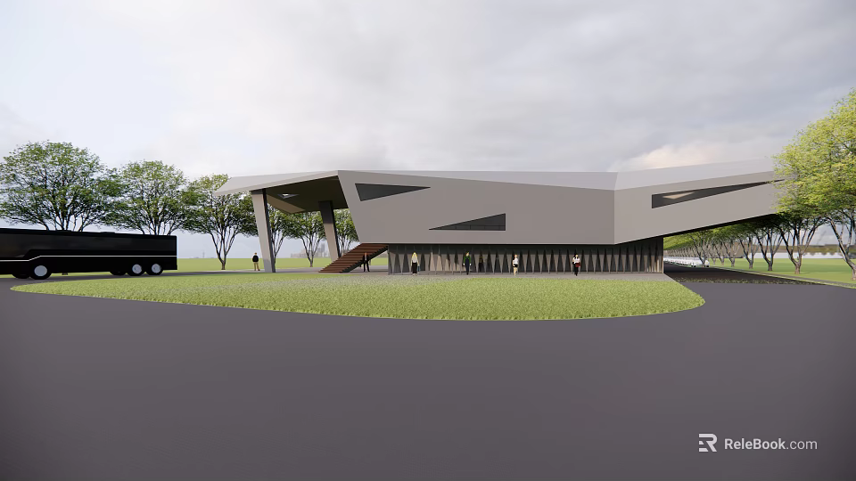 Modern Architectural Exterior With Unique Roof Structure Green Lawn And Trees Around 3d model 