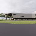Modern Architectural Exterior With Unique Roof Structure Green Lawn And Trees Around