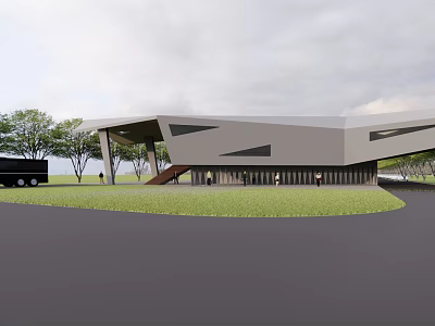 Modern Architectural Exterior With Unique Roof Structure Green Lawn And Trees Around 3d model