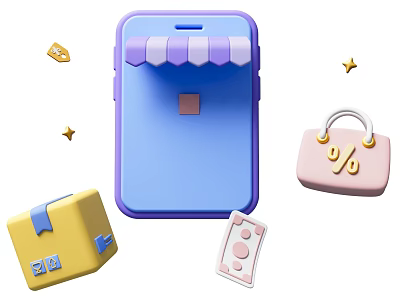 Essential Daily Living Products For Mobile Shopping With Delivery Package Shopping Bag And Golden Stars 3d model