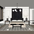 Modern Bedroom Interior With Wooden Bed Chandelier Nightstands And Patterned Area Rug