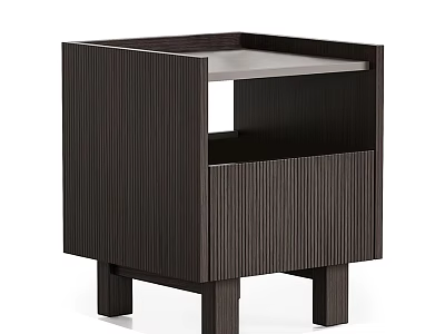 Modern Minimalist Dark Wood Grain Bedside Table With Vertical Striped Design Drawer And Open Shelf 3d model
