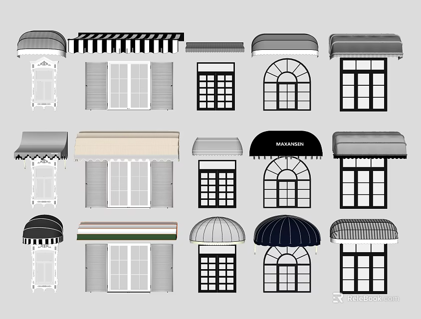 Various Decorative Awnings with Different Styles for Storefront Exterior Design 3d model 