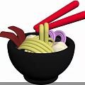 Yellow Noodles in Black Bowl with Red Meat Slices Pink Rings White Chunks and Chopsticks
