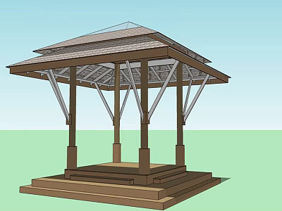 Wooden Landscape Pavilion With Tiled Roof Supporting Pillars And Stepped Base In Green Surroundings 3d model