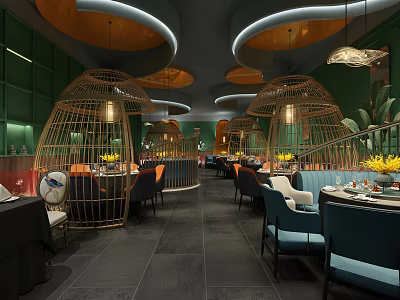 Modern Restaurant Interior With Bamboo Cage Seats Green Walls Blue Orange Chairs And Pendant Lights 3d model