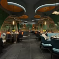 Modern Restaurant Interior With Bamboo Cage Seats Green Walls Blue Orange Chairs And Pendant Lights