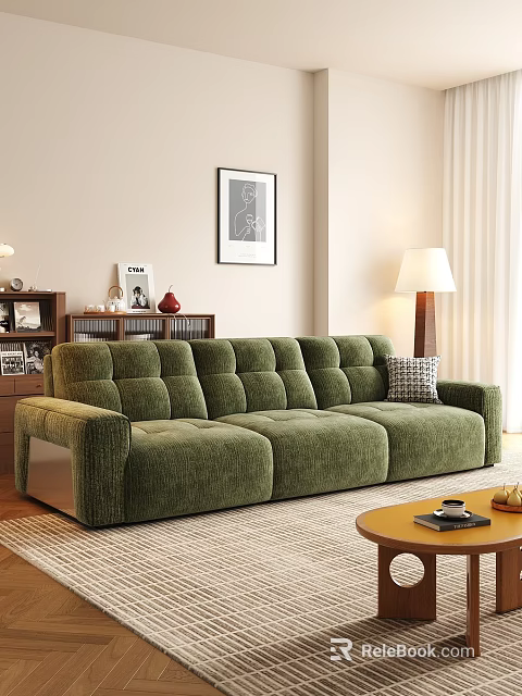 Green Velvet Sofa And Round Coffee Table Set With Bookshelf Decorative Painting And Floor Lamp 3d model 