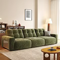 Green Velvet Sofa And Round Coffee Table Set With Bookshelf Decorative Painting And Floor Lamp