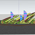 Flower Bed and Flower Pots with Colorful Sail Shaped Structures Wavy Decorations and Flowers