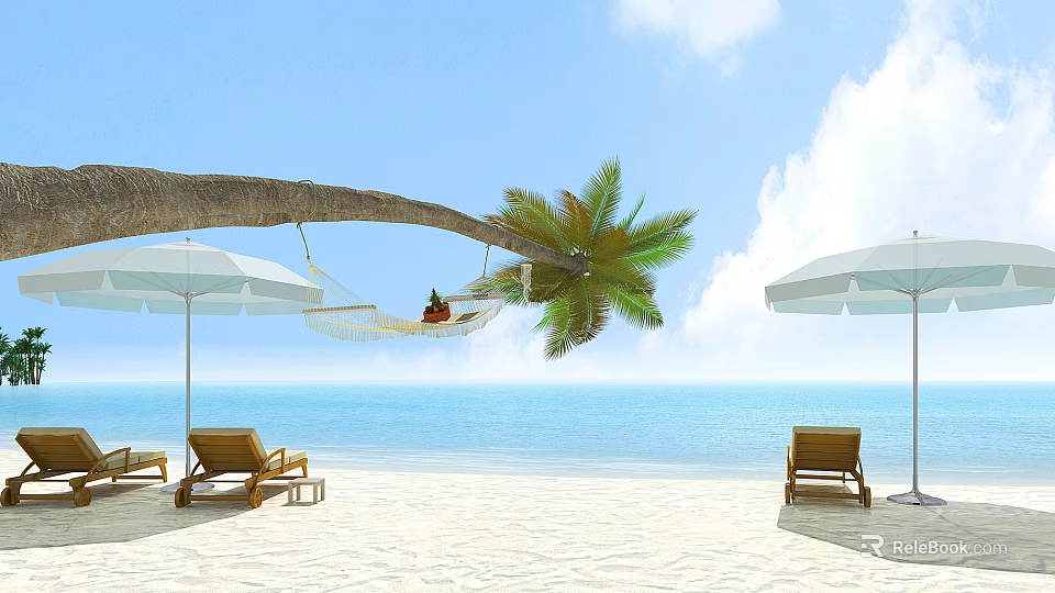 Tropical Beach Scenery with White Sand Blue Ocean Palm Tree Hammock Umbrella and Deck Chairs 3d model 