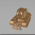 Detailed Golden 3D Rendered Military Tank Model With Tracks And Cannon