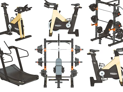 Essential Home Gym Sports Equipment Featuring Treadmill Spin Bike And Weight Racks 3d model