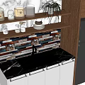 Modern Kitchen Cabinets With Marble Countertop Colorful Tile Backsplash Wooden Shelves And Stainless Steel Refrigerator