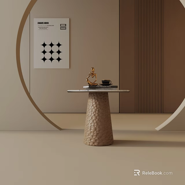 Modern Side Table With Textured Pedestal Decorative Figurine And Coffee Cup In Minimalist Interior 3d model 
