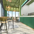 Green Themed Restaurant Interior With Large Windows Wooden Chairs And Bar Counter