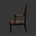 Classic Carved Wood Armchair With Patterned Fabric Upholstery And Ornate Design Details