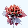 Beautiful Pink Rose Bouquet With Pink And White Wrapping Paper And Green Leaves