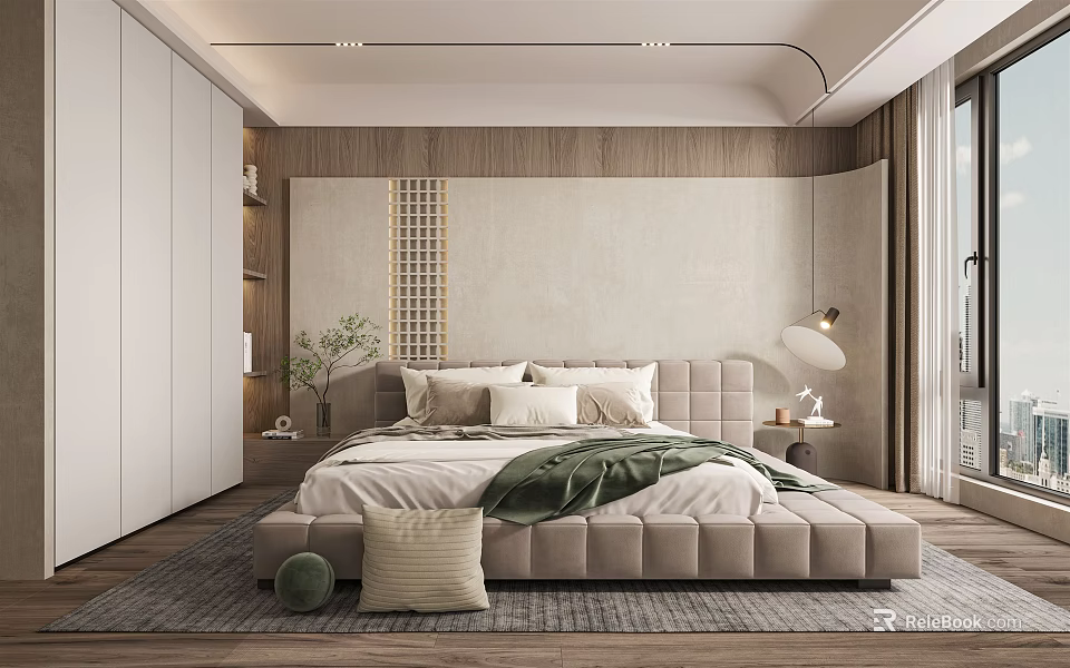 Modern Bedroom Interior Design With Platform Bed Beige Headboard Wall Wooden Elements And Pendant Lamp 3d model 