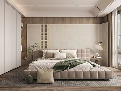 Modern Bedroom Interior Design With Platform Bed Beige Headboard Wall Wooden Elements And Pendant Lamp 3d model