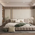 Modern Bedroom Interior Design With Platform Bed Beige Headboard Wall Wooden Elements And Pendant Lamp