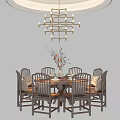 Round Wooden Dining Table Set with Eight Chairs Tableware and Flower Vase 3d model