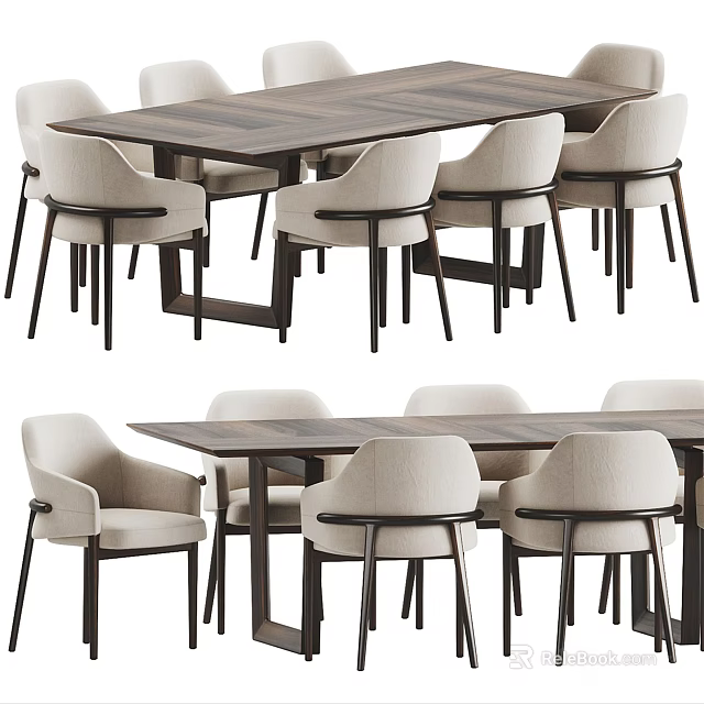 Modern Dining Table Set With Wooden Top And Comfortable Upholstered Chairs 3d model